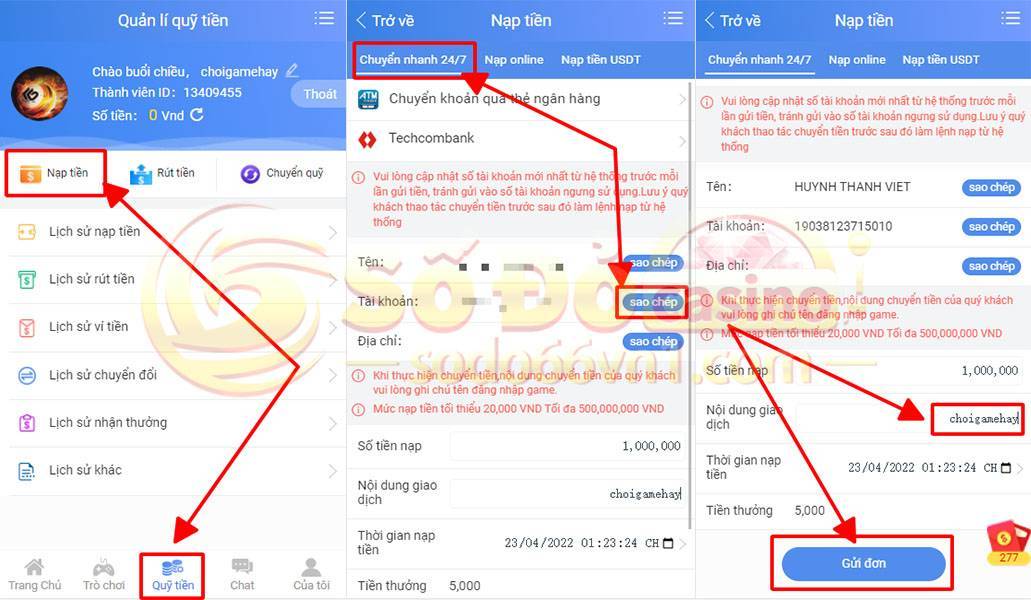 Hướng dẫn nạp rút tiền và chuyển quỹ tại SODO66 3 Hướng dẫn nạp tiền bằng hình thức chuyển nhanh 24/7